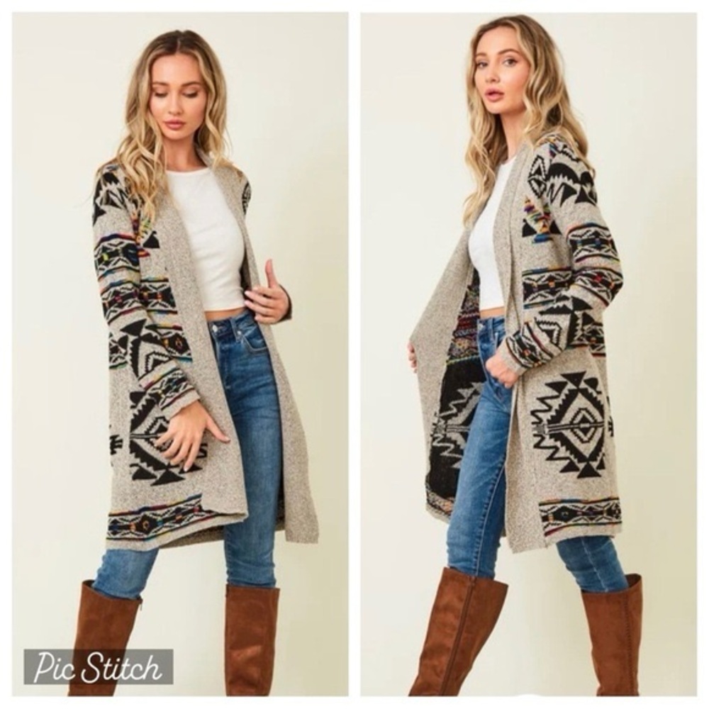 Anthropologie Northern Angel Rainbow Gray Aztec Duster Cardigan, Size Small